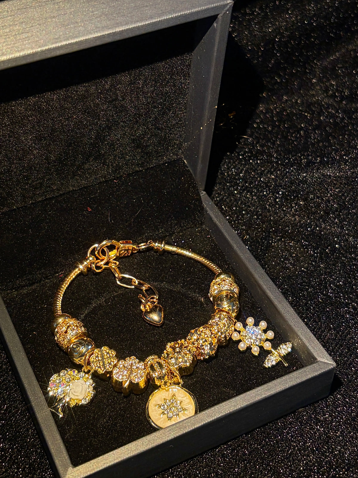 Gold Plated Charm Bracelet for Women, Vintage Octagram Medallion Dangle Bracelet, Crystal Rhinestone Bead Adjustable Snake Chain Bracelet, Statement Jewelry Gift for Her