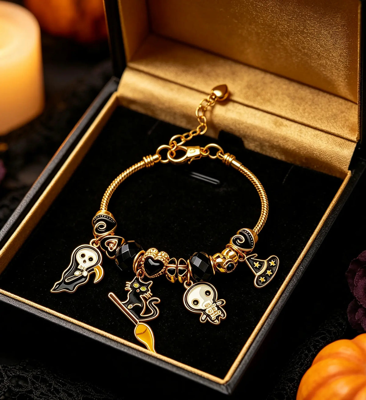 Halloween Black Cat Witch Charm Bracelet, Gold Plated Adjustable Snake Chain Bangle with Grim Reaper Ghost Witch Hat Black Crystal Beads, Gothic Holiday Jewelry Gift for Women Teen Girls