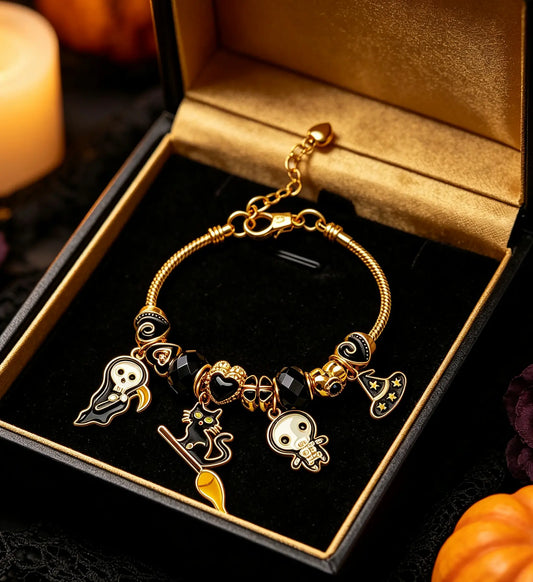 Halloween Black Cat Witch Charm Bracelet, Gold Plated Adjustable Snake Chain Bangle with Grim Reaper Ghost Witch Hat Black Crystal Beads, Gothic Holiday Jewelry Gift for Women Teen Girls