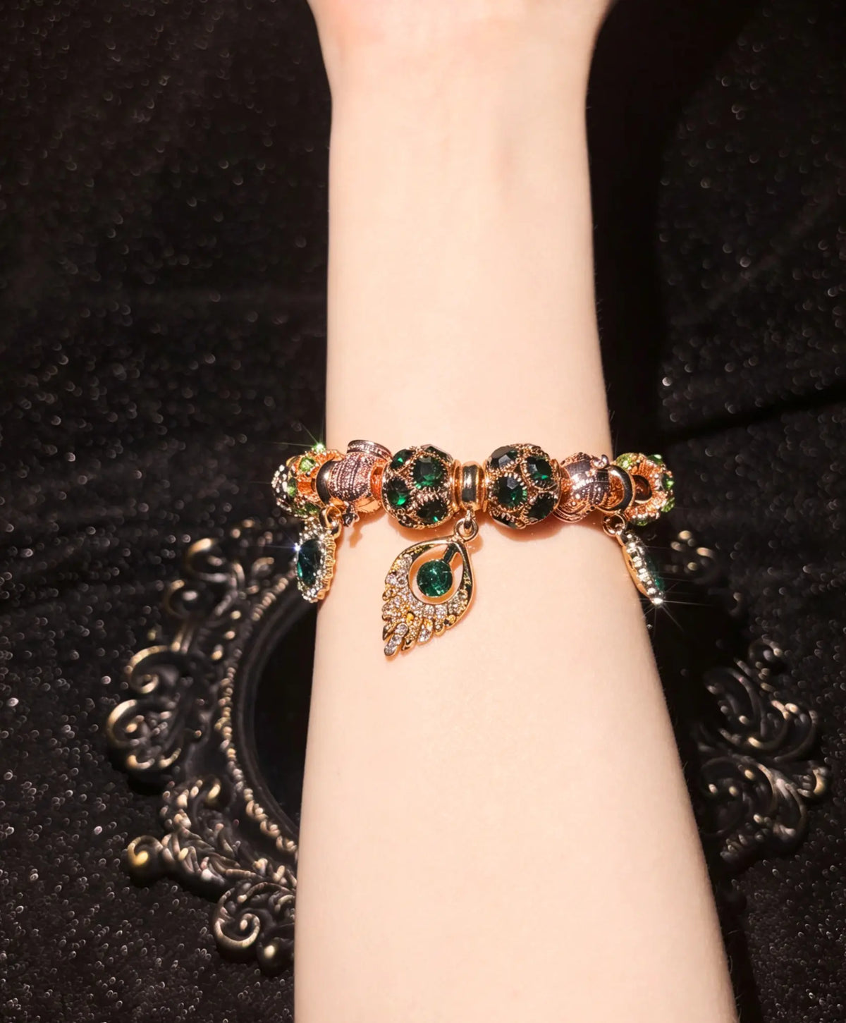 Women's Peacock Feather Charm Bracelet - Rose Gold-Tone Chain, Sparkling Green Crystal Beads, Vintage Elegant Costume Jewelry Gift