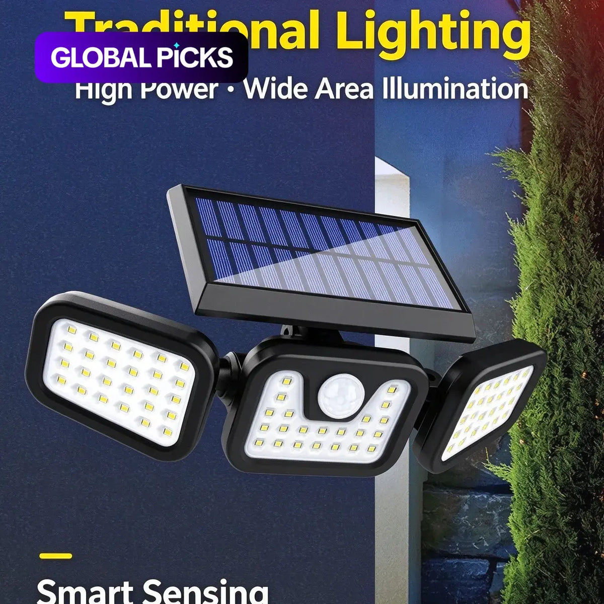 Solar-Powered Outdoor Wall Light with 3-Head Rotating Motion Sensor, Waterproof 74 LEDs for Yard and Garden