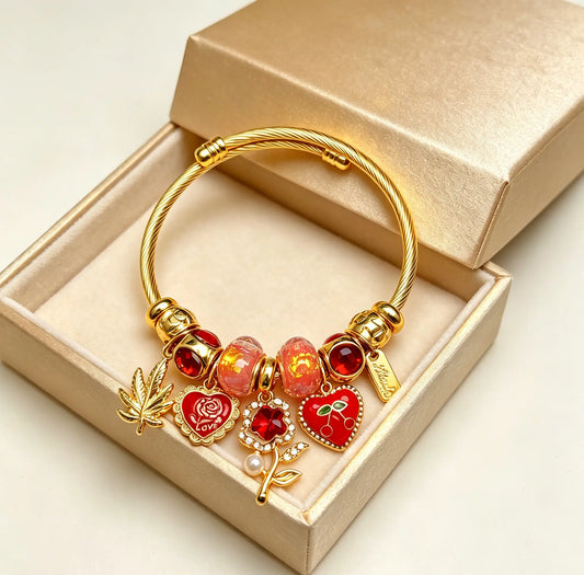 Golden Adjustable Open Cuff Charm Bangle, Cable Wire Beaded Bracelet with Enamel Heart Cherry Rose Maple Leaf Charms, Fashion Stackable Jewelry Gift for Women Girls