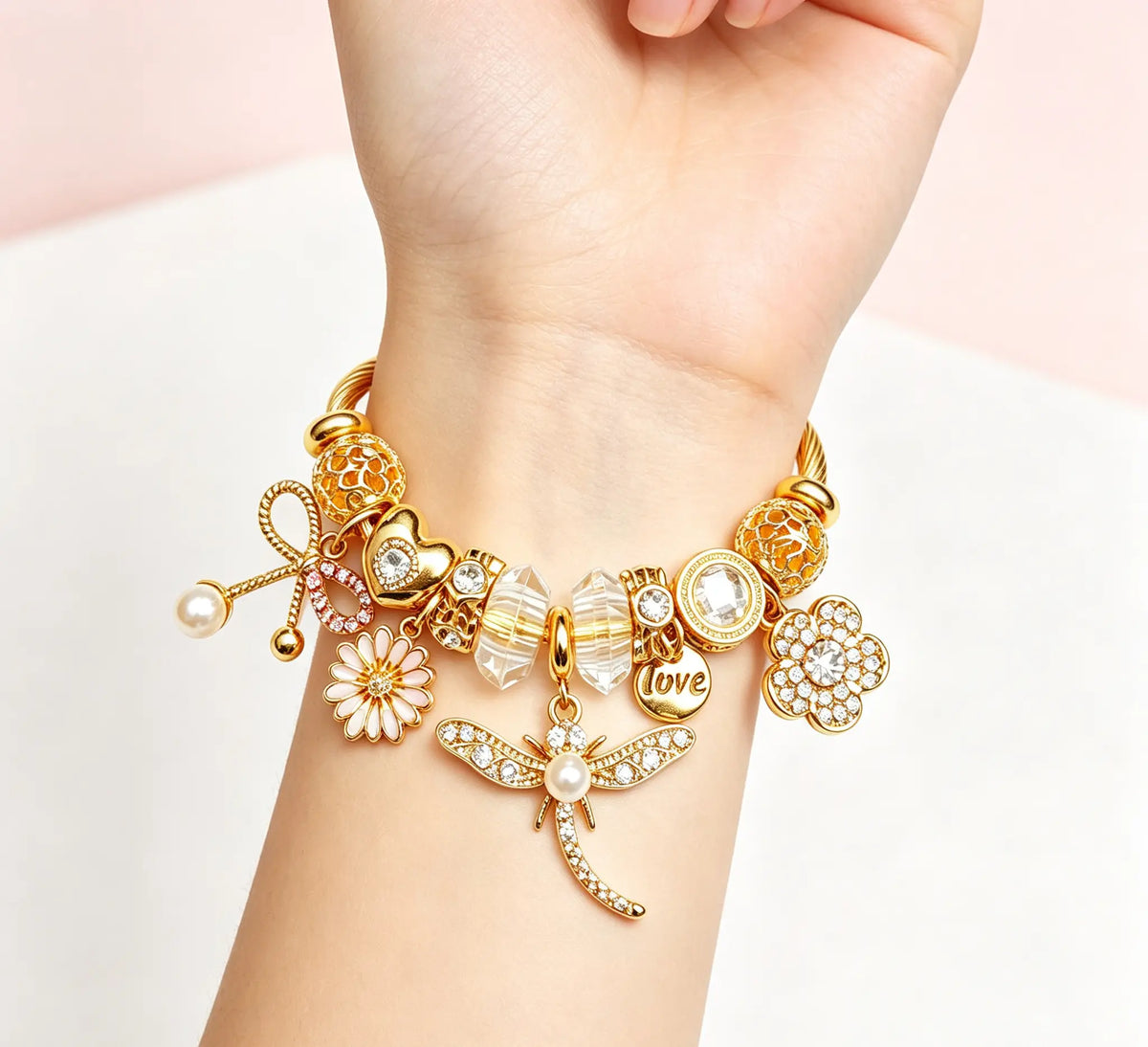 Dragonfly Pink Crystal Charm Bangle Bracelet, Gold-Tone Adjustable Open Cuff Bracelet with Pearl Flower Dangle Charms, Fashion Jewelry Gift for Women Girls