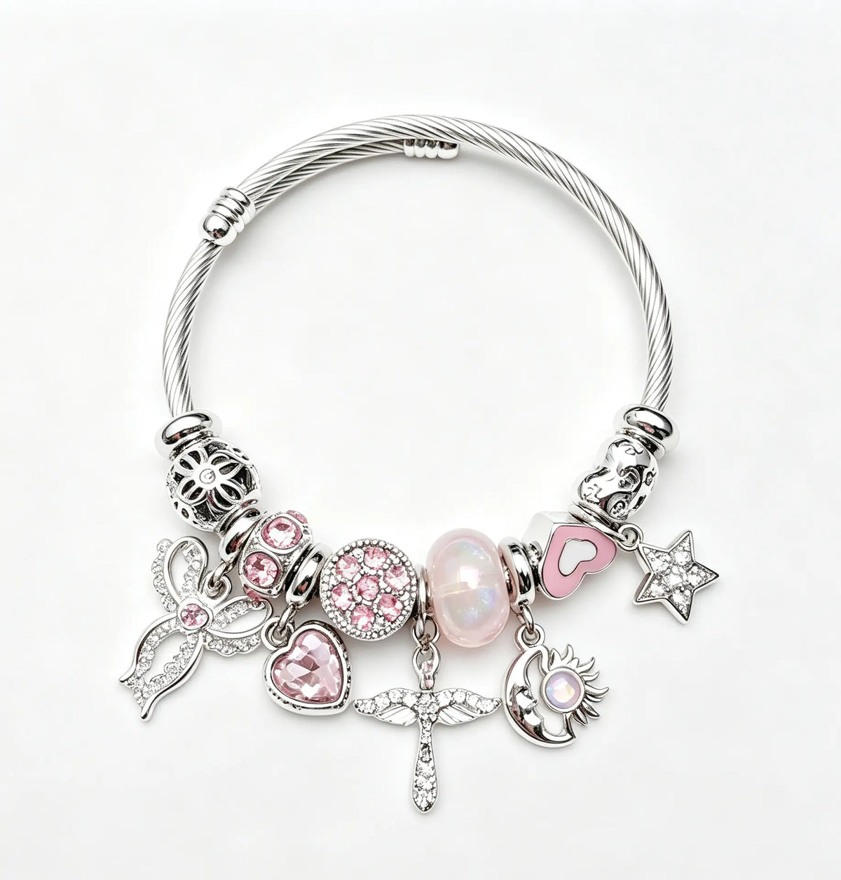 Silver Tone Adjustable Wire Bangle Bracelet with Pink Rhinestone Heart Angel Moon Star Charms, Women Cute Pink Bead Charm Jewelry Gift