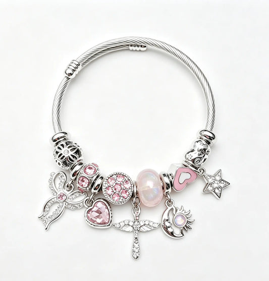 Silver Tone Adjustable Wire Bangle Bracelet with Pink Rhinestone Heart Angel Moon Star Charms, Women Cute Pink Bead Charm Jewelry Gift