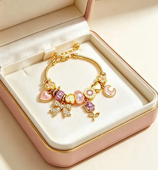 Pink Moon Bow Rose Gold Snake Chain Charm Bracelet, Adjustable Dainty Heart Flower Crystal Beads Bangle, Sweet Romantic Jewelry Gift for Women Teen Girls Daily Vacation Matching