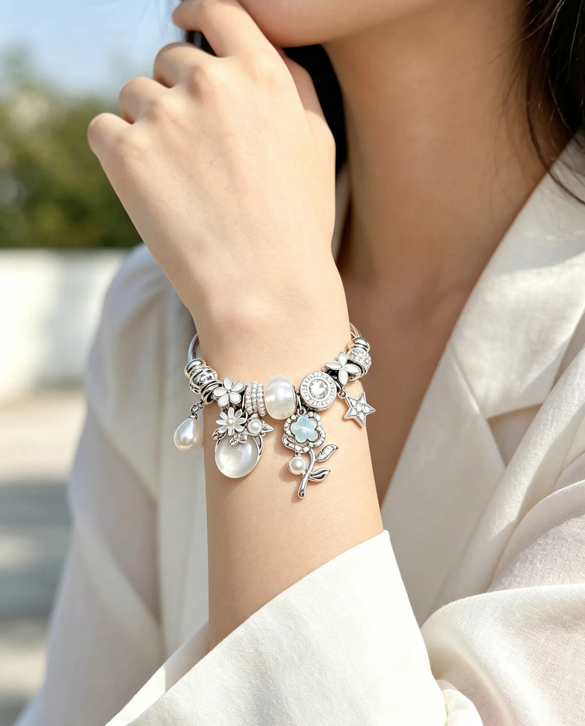 Women's Adjustable Open Cuff Silver Cable Wire Bracelet - Pearl, 4-Leaf Clover, Star, Flower Crystal Charms - Stackable Elegant Jewelry Gift for Daily Party Use