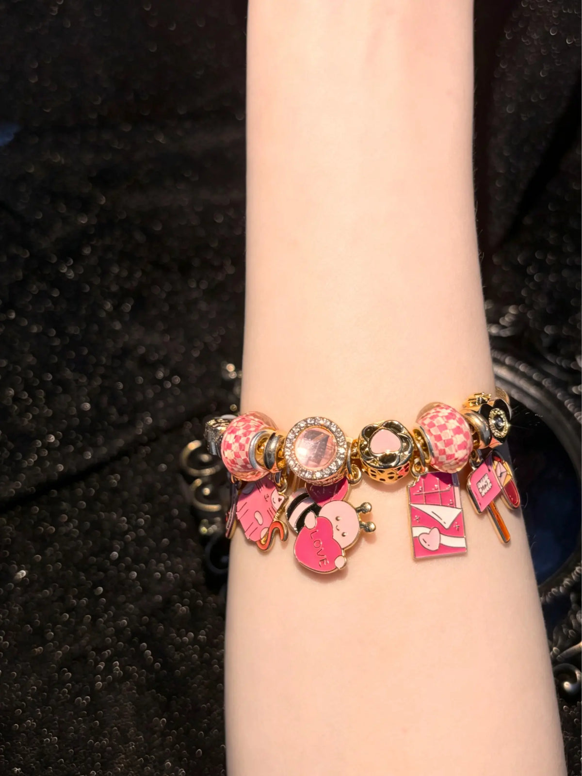 Women's Gold-Tone Snake Chain Charm Bracelet with Cute Pink Love-Themed Enamel Dangle Charms, Birthday Costume Jewelry Gift