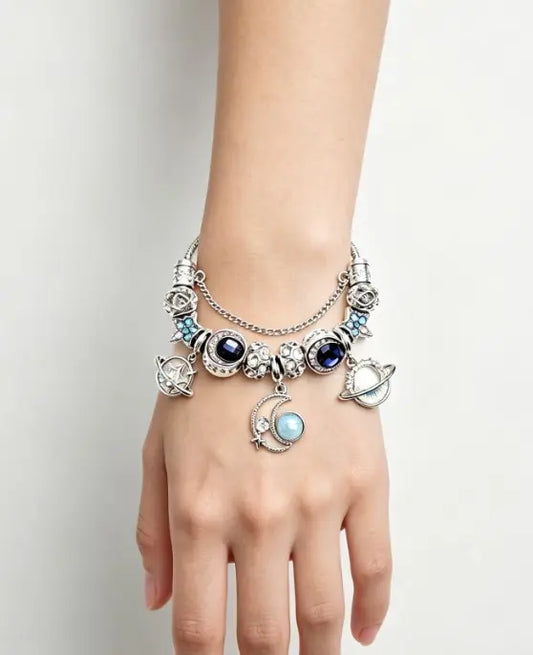 Cosmic Star Moon Planet Charm Bracelet, Silver Plated Adjustable Snake Chain Bracelet with Dark Blue Crystal Beads, Saturn Planet & Crescent Moon Pendant, Celestial Space Jewelry Gift for Women Teen Girls