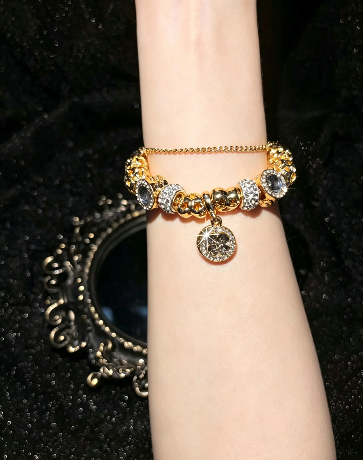 Women's Gold-Tone Clover Round Disc Charm Bracelet - Sparkling Rhinestone Beaded Snake Chain, Elegant Dangle Jewelry Gift for Teen Girls