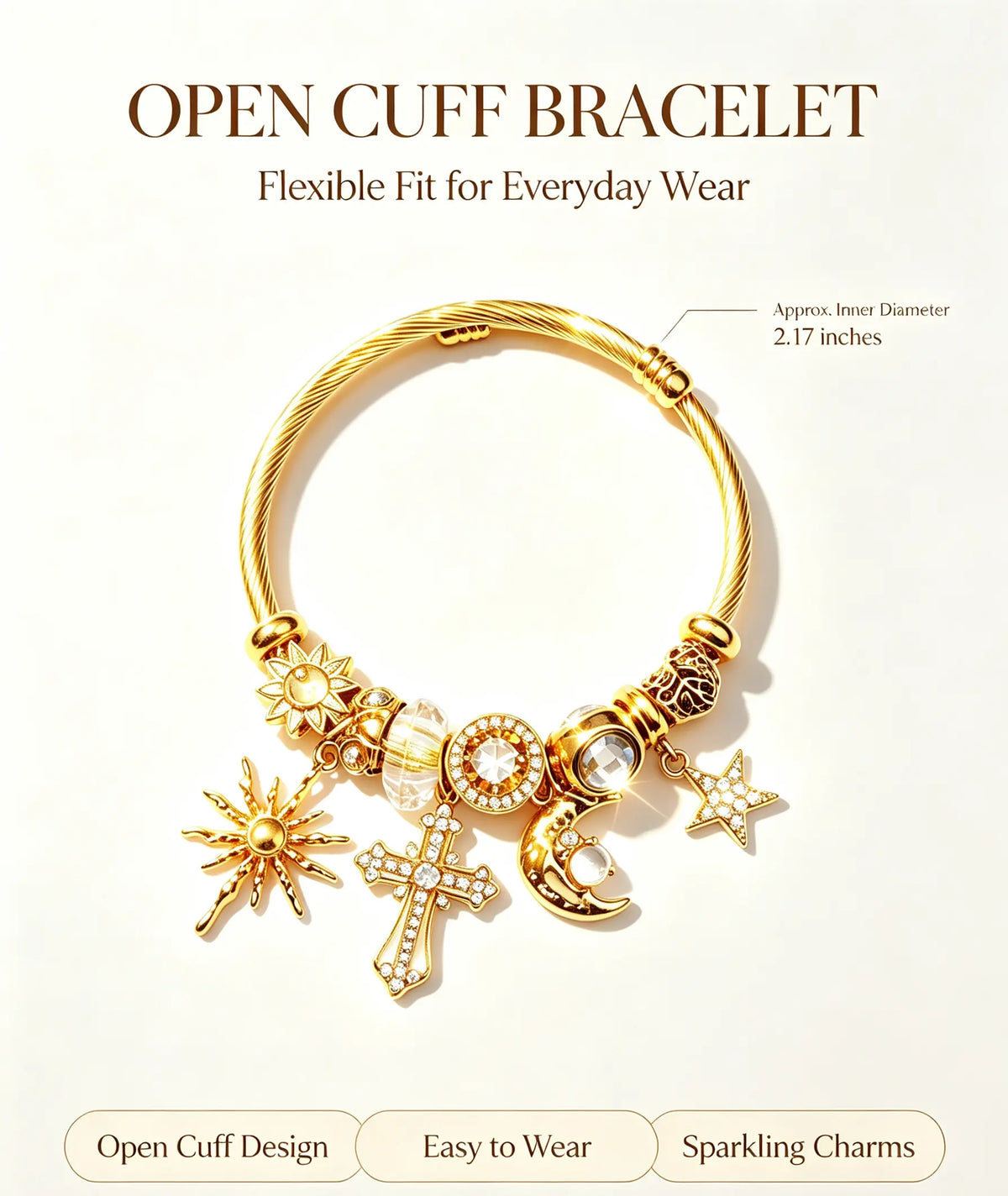 Twisted Tone Open Cuff Charm Bracelet for Women, Adjustable Flexible Bangle with Sun Moon Star Cross Rhinestone Charms, Vintage Celestial Fashion Jewelry Gift for Daily & Party Wear