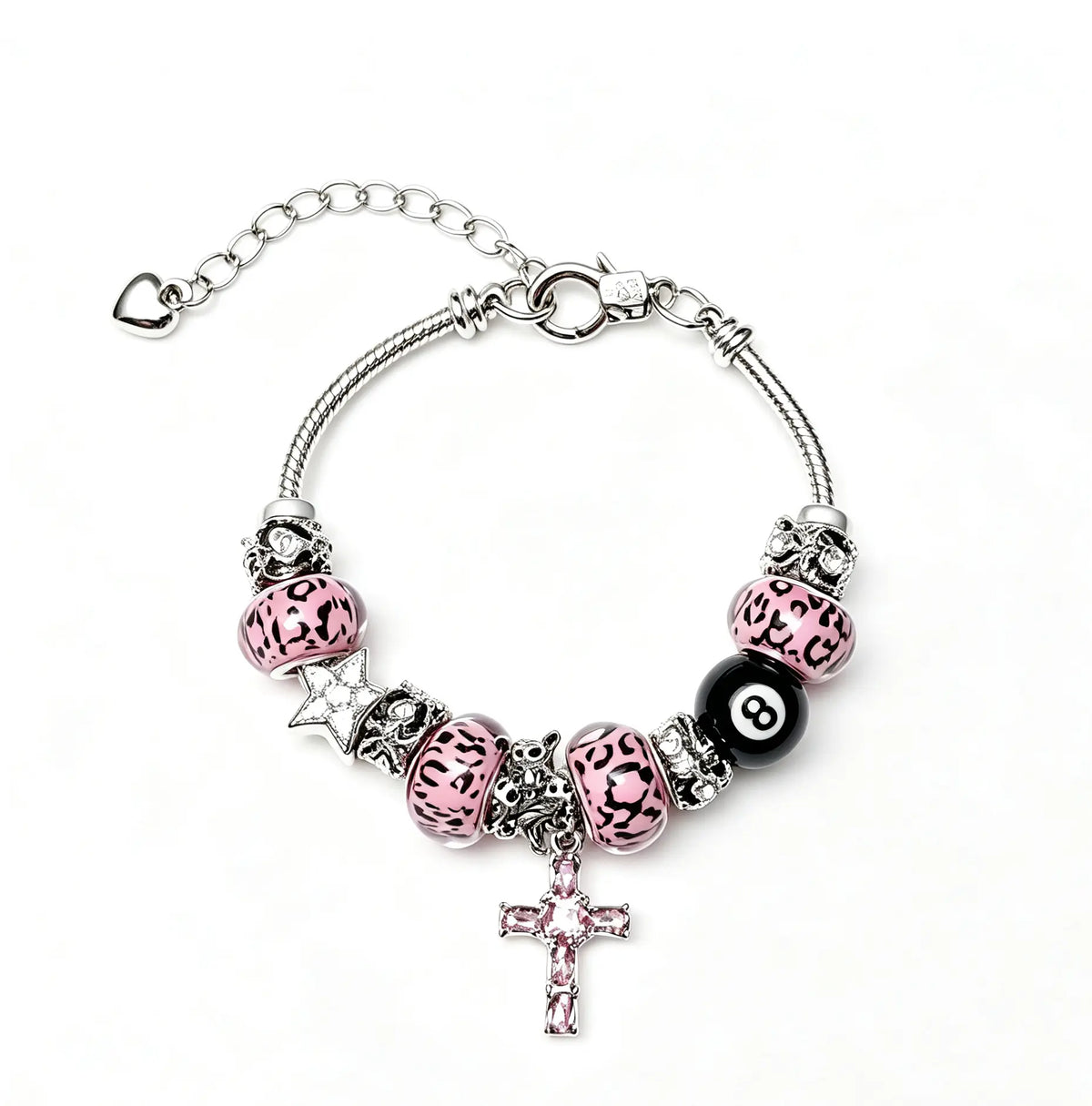 Pink Leopard Print Beaded Charm Bracelet, Black 8 Ball & Pink Crystal Cross Dangle Snake Chain Bracelet