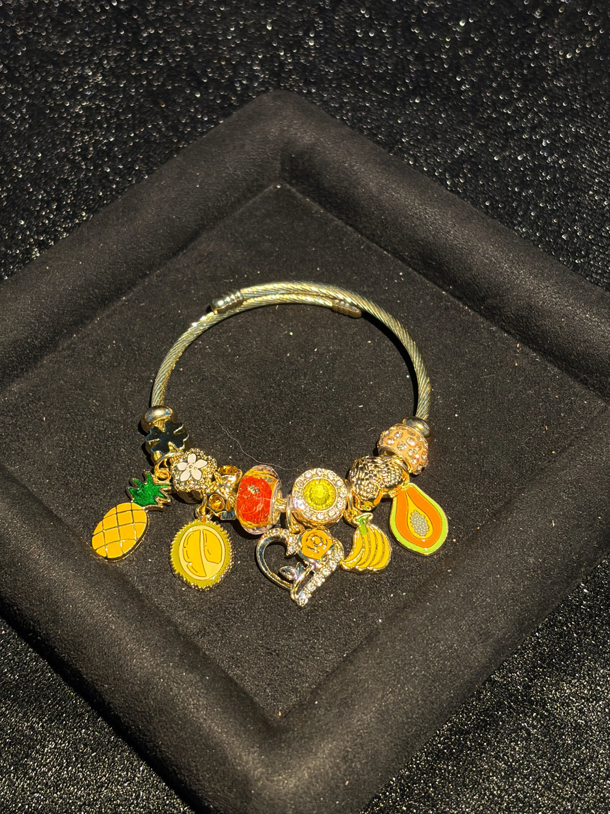 Women's Gold-Tone Adjustable Open Cuff Bracelet, Stackable Enamel Tropical Fruit Charm Bracelet with Pineapple Durian Avocado Heart Key Pendants, Rhinestone Beaded Layering Jewelry for Summer Beach, Birthday Holiday Gift for Teen Girls
