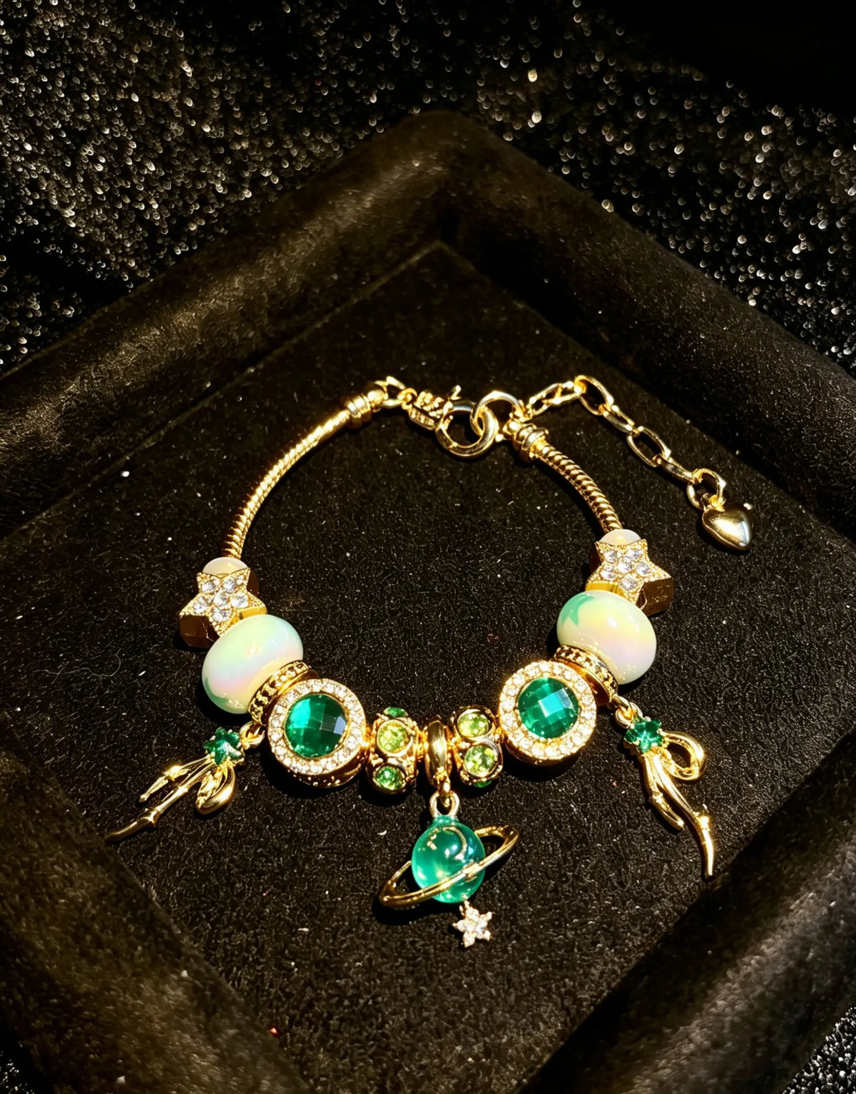 Gold Tone Planet Charm Beaded Bracelet, Emerald Green Rhinestone Star Enamel Bead Snake Chain Bracelet, Adjustable Space Themed Jewelry Gift for Women