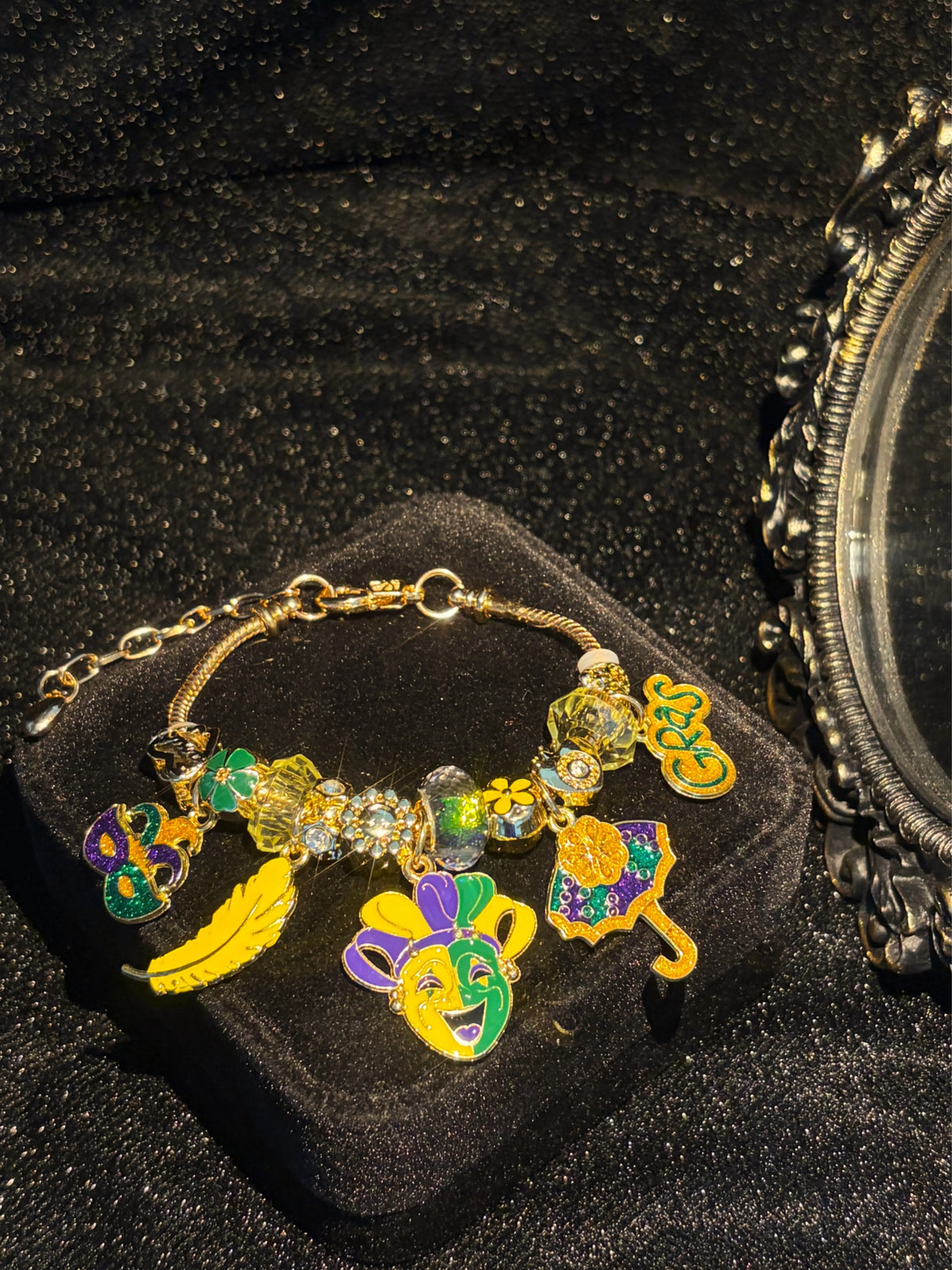 Women's Gold-Tone Snake Chain Charm Bracelet with Colorful Mardi-Gras-Inspired Enamel Dangle Charms, Birthday Costume Jewelry Gift