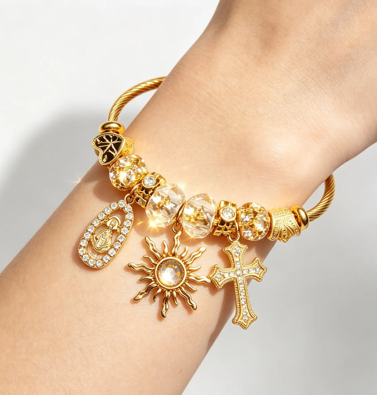 Gold Tone Cross Charm Bracelet for Women, Vintage Sun Pendant Crystal Beaded Bracelet, Elegant Faith Inspired Jewelry Gift Exquisite Bracelet Bead Bracelets