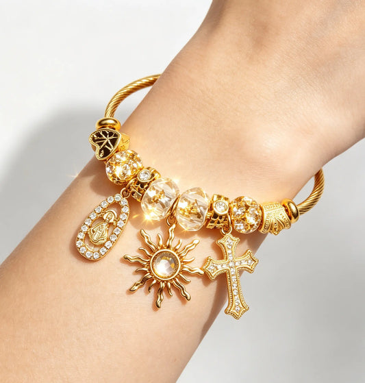 Gold Tone Cross Charm Bracelet for Women, Vintage Sun Pendant Crystal Beaded Bracelet, Elegant Faith Inspired Jewelry Gift Exquisite Bracelet Bead Bracelets