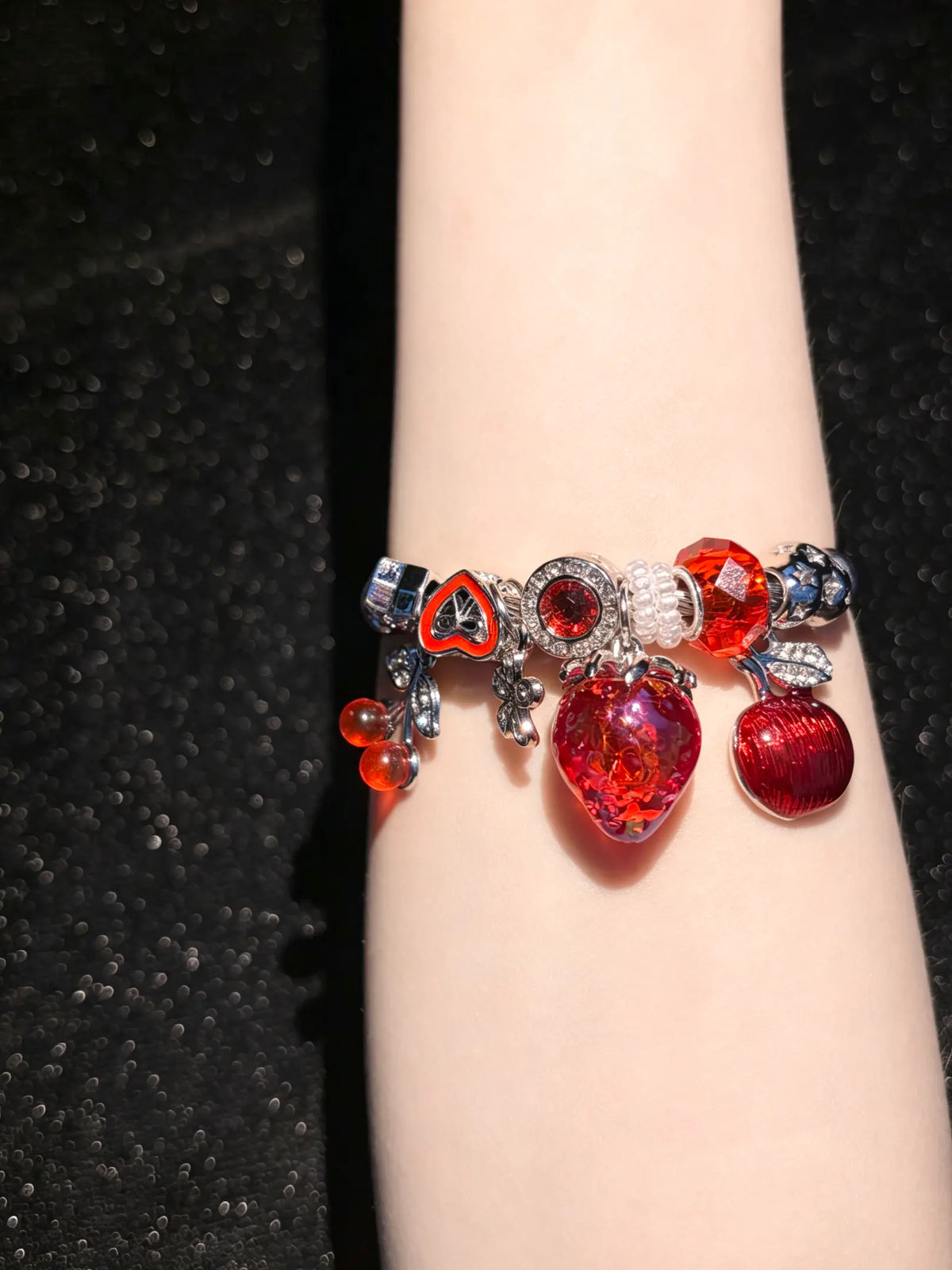 Women's Silver‑Tone Adjustable Open Cuff Bangle, Wire Bangle with Strawberry Cherry Red‑Fruit Heart Charms, Fashion Jewelry for Daily Gifting