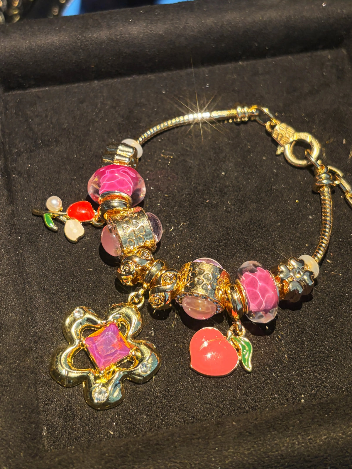 Gold-Tone Snake Chain Charm Bracelet with Clover, Peach Flower & Murano Glass Beads - Stackable Costume Jewelry Gift for Women