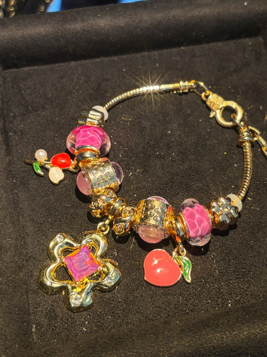 Gold-Tone Snake Chain Charm Bracelet with Clover, Peach Flower & Murano Glass Beads - Stackable Costume Jewelry Gift for Women