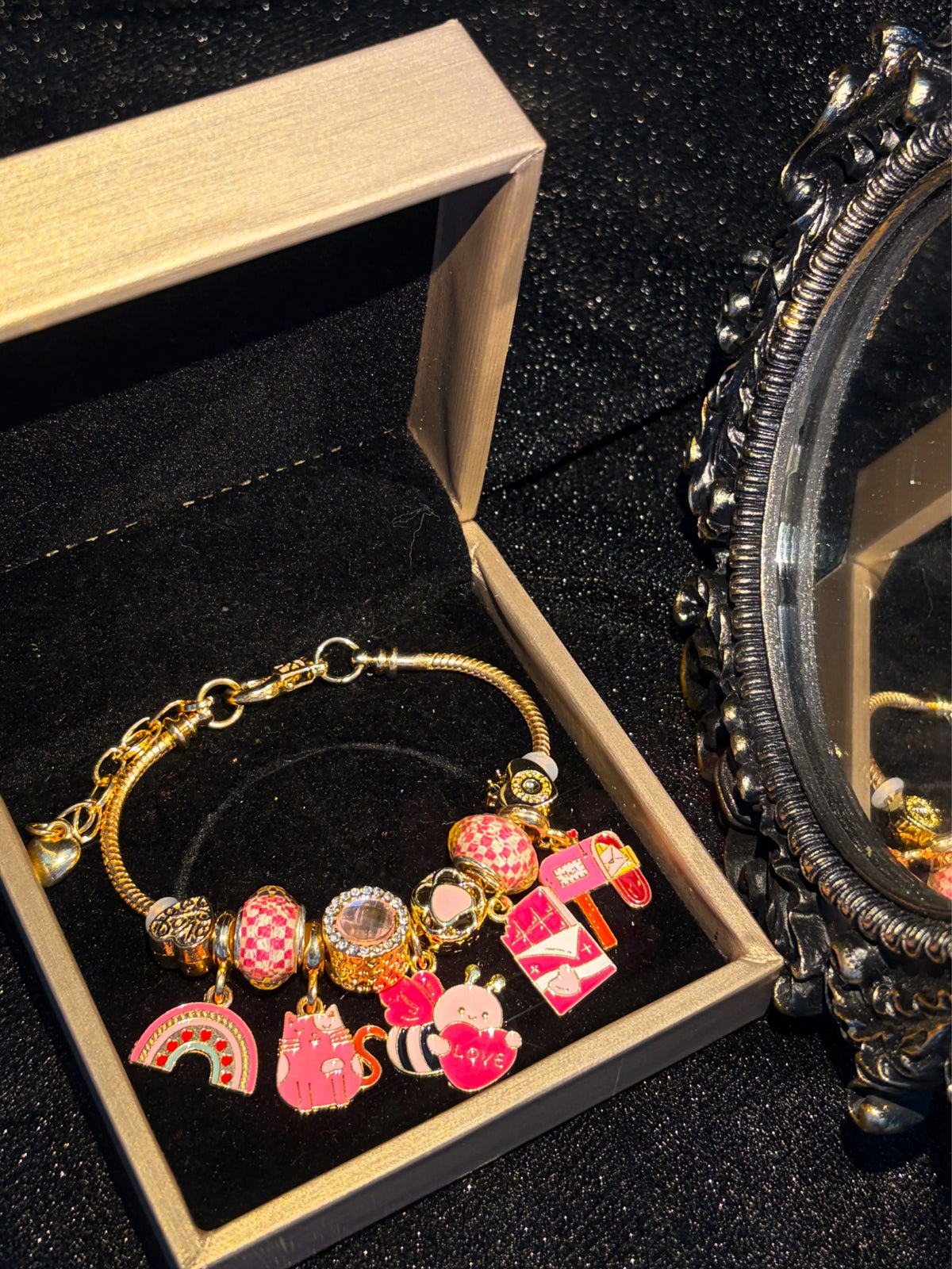 Women's Gold-Tone Snake Chain Charm Bracelet with Cute Pink Love-Themed Enamel Dangle Charms, Birthday Costume Jewelry Gift