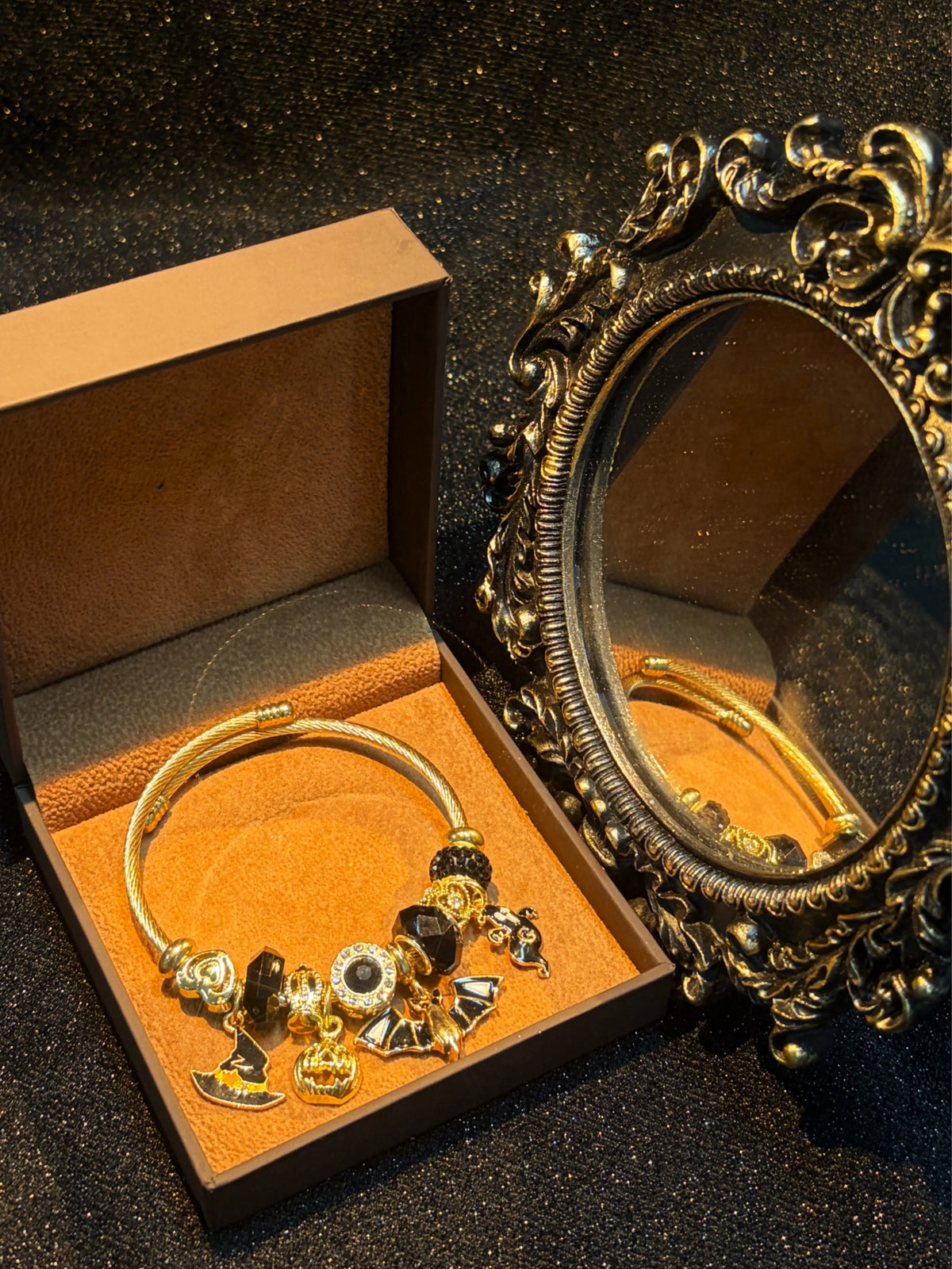 Women's Gold-Tone Open Cable Charm Bangle with Black Crystal Beads, Halloween Witch Hat Pumpkin Bat Ghost Charms, Stackable Costume Jewelry Bracelet