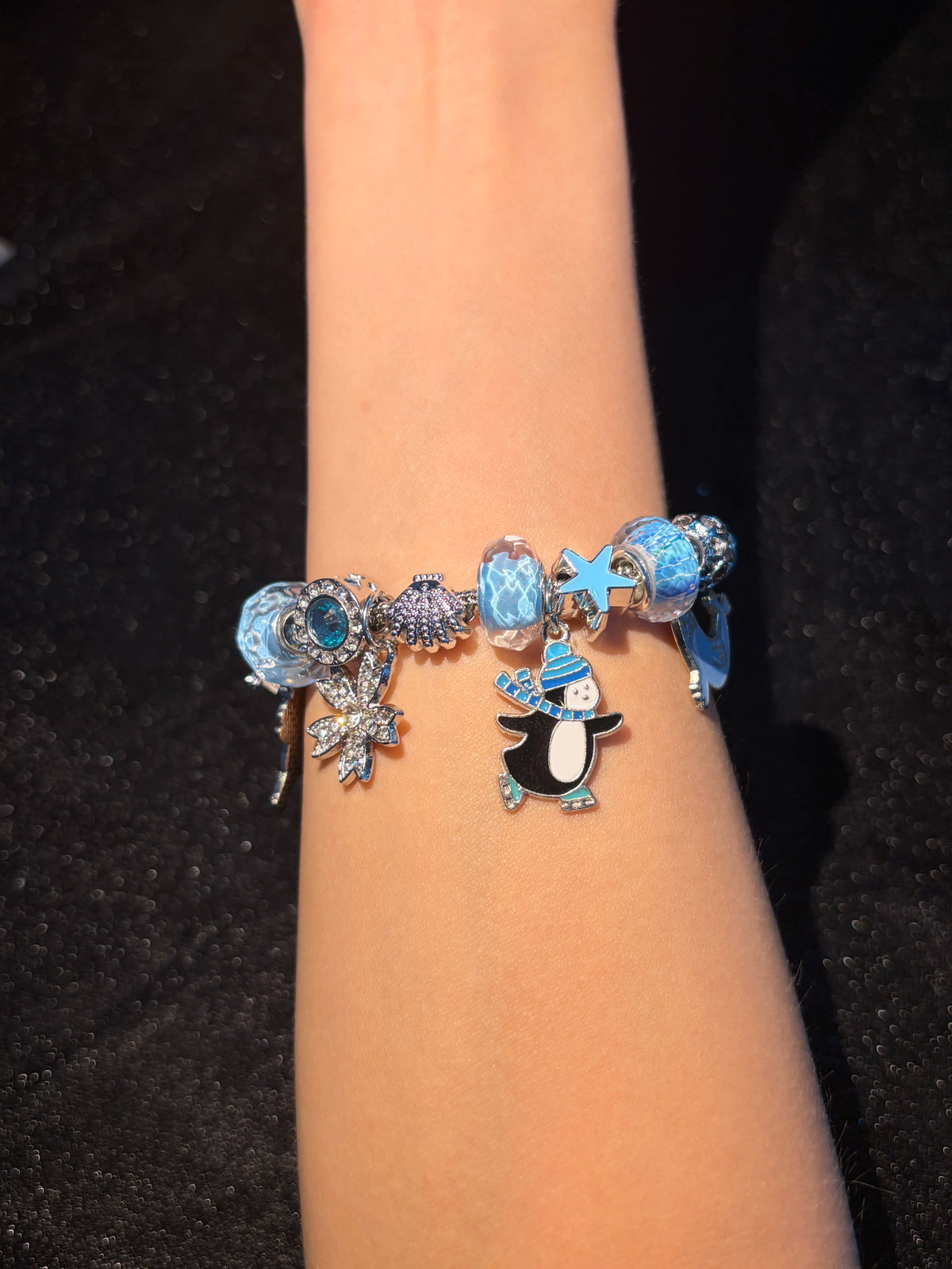 Women's Adjustable Silver-Tone Snake Chain Bracelet with Water-Ripple Blue Beads, Animal Snowflake Pendants and Removable Large Hole Beads Costume Jewelry