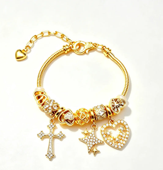 Gold Plated Cross Star Heart Charm Snake Chain Bracelet, Adjustable Cubic Zirconia Beaded Bracelet, Fashion Jewelry Gift for Women