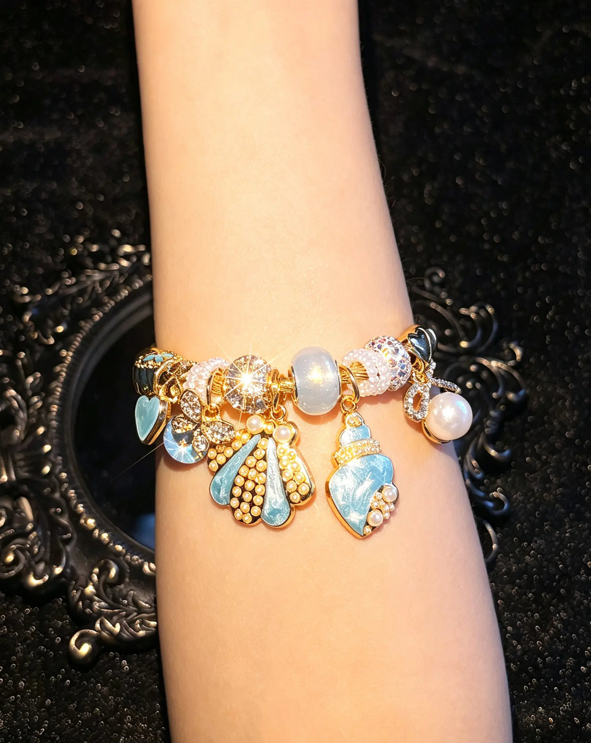 Women's Ocean Shell Charm Bracelet - Enamel Seashell Dangle Charms, Crystal & Pearl Beaded Bangle, Trendy Beach Costume Jewelry Gift for Women