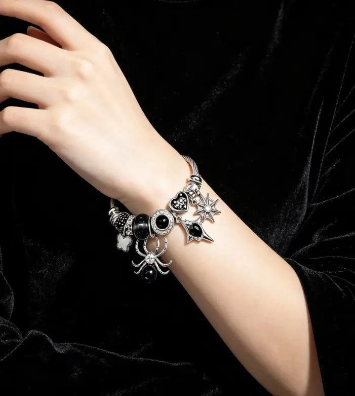 Silver Twisted Cable Open Bangle Bracelet, Black Crystal Spider & Gothic Heart Star Charms Beaded Bracelet, Punk Fashion Jewelry Gift for Women