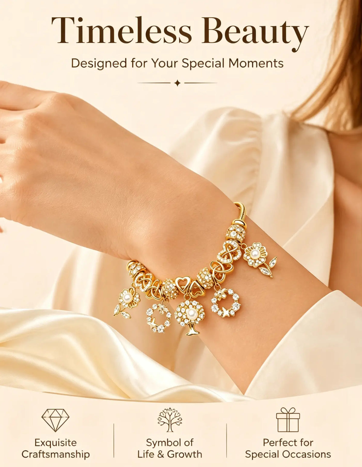 Gold-Tone Charm Bracelet for Women, Exquisitely Crafted Snake Chain Bracelet with Tree of Life, Flower, Heart, Pearl & Cubic Zirconia Charms, Adjustable