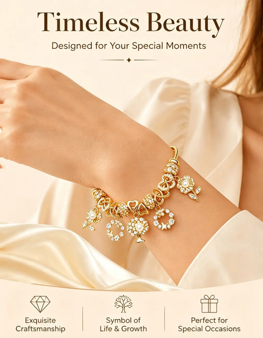 Gold-Tone Charm Bracelet for Women, Exquisitely Crafted Snake Chain Bracelet with Tree of Life, Flower, Heart, Pearl & Cubic Zirconia Charms, Adjustable