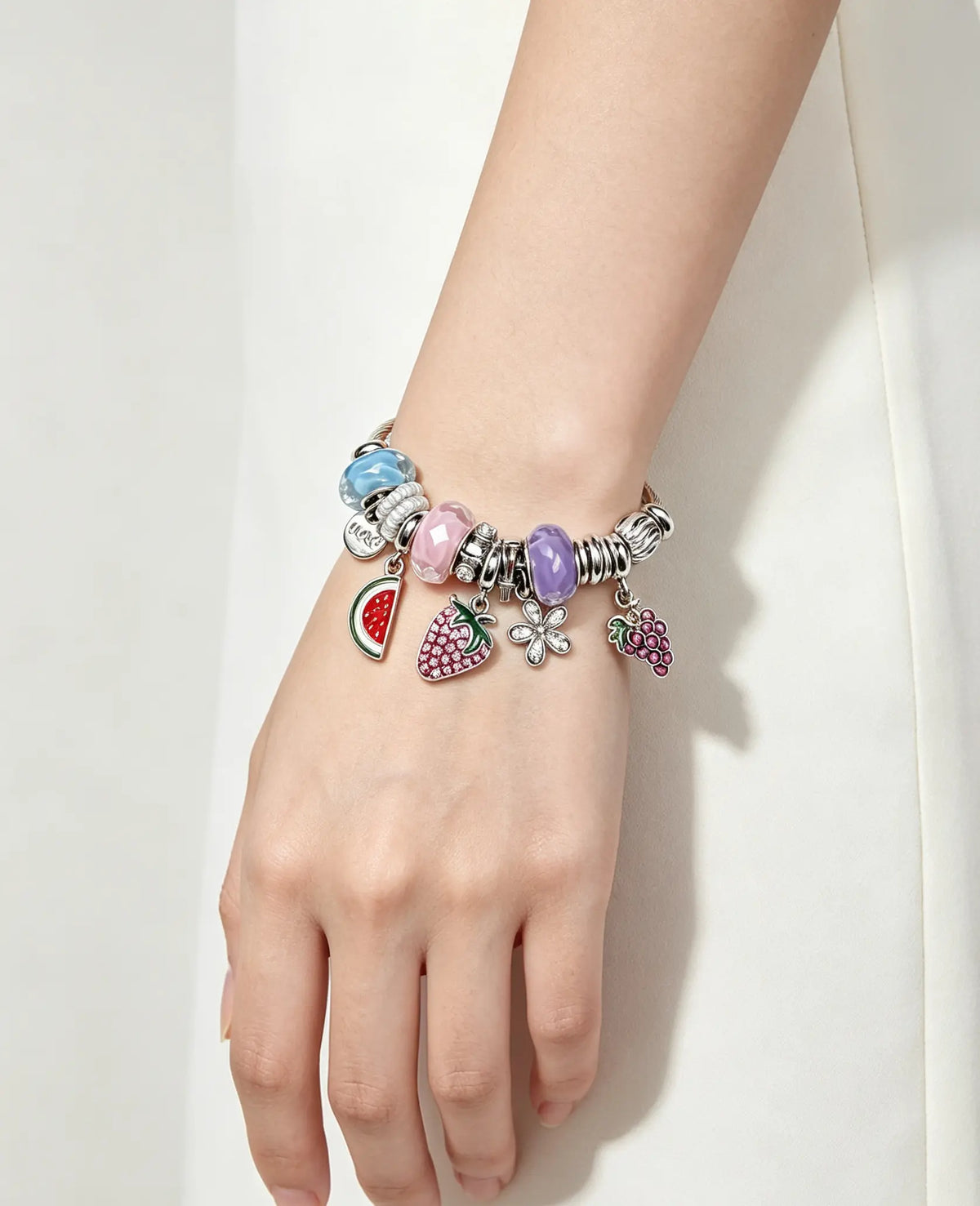 Adjustable Silver Cable Wire Charm Bangle Bracelet, Fruit Theme Dangle Charms with Watermelon Strawberry Grape Flower Rhinestone, Multicolor Murano Glass Beads Stackable Jewelry Gift for Women Teen Girls