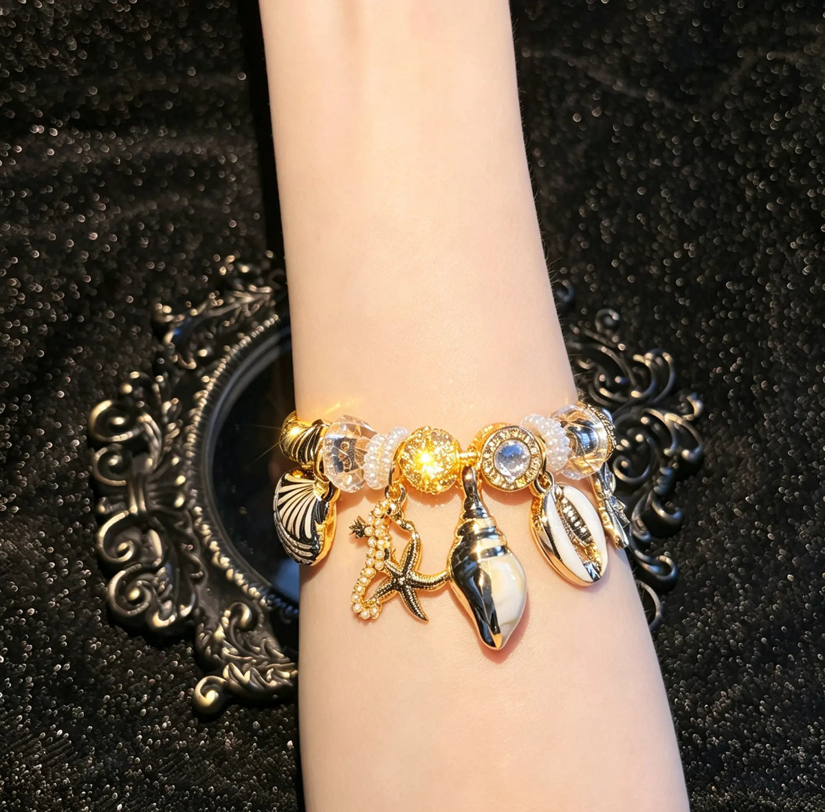 Gold Tone Open Cuff Bangle Bracelet, Ocean Theme Shell Starfish Seahorse Dangle Charms, Crystal Beaded Bracelet, Fashion Jewelry Gift for Women Teen Girls