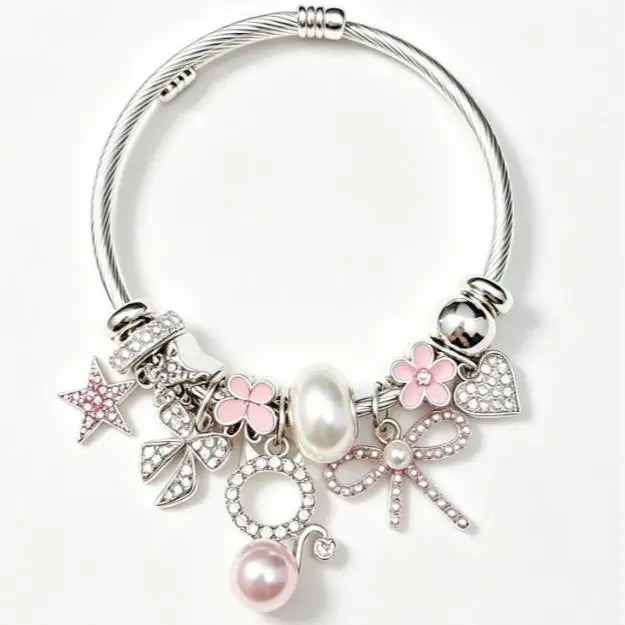 Women's Silver Twisted Wire Open Cuff Bracelet - Dual-Style Pink & White Rhinestone, Bow, Star, Heart, 4-Leaf Clover, Pearl Pendant Bangle, Stackable Dainty Costume Jewelry Gift