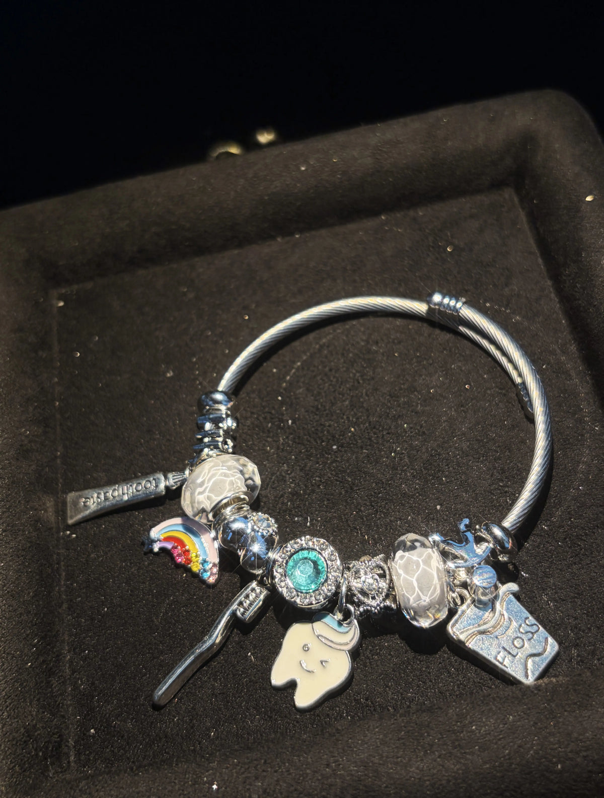 Dentist Themed Charm Bangle Bracelet, Hypoallergenic Alloy Bangle with Cute Tooth, Dental Floss & Rainbow Charms, Fashion Jewelry Gift for Women Girls