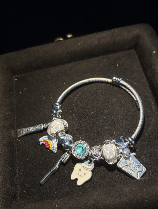 Dentist Themed Charm Bangle Bracelet, Hypoallergenic Alloy Bangle with Cute Tooth, Dental Floss & Rainbow Charms, Fashion Jewelry Gift for Women Girls