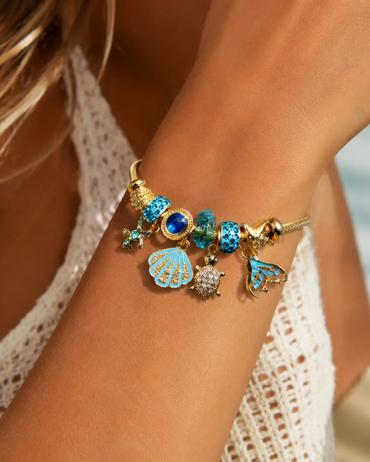 Ocean Theme Open Cuff Bangle, Shiny Golden Bracelet With Blue Crystal Beads, Shell, Turtle & Mermaid Tail Charms, Summer Beach Jewelry Gift For Women