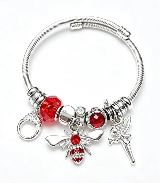 Adjustable Twist Wire Bangle Bracelet with Sparkling Red Crystal Bees and Fairy Charms, Silver Tone Open Cuff Bracelet Jewelry Gift for Women