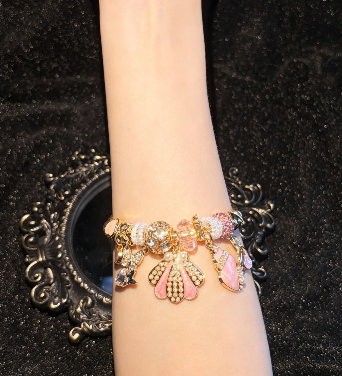 Women's Ocean Shell Charm Bracelet - Enamel Seashell Dangle Charms, Crystal & Pearl Beaded Bangle, Trendy Beach Costume Jewelry Gift for Women