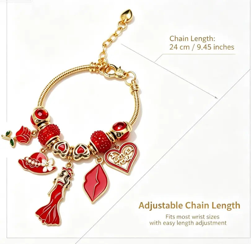 Red Rose Lady Charm Bracelet for Women, Gold Snake Chain Beaded Bangle with Lip Hat Heart Pendant, Adjustable 9.45 Inch Ladies Dainty Valentine Jewelry