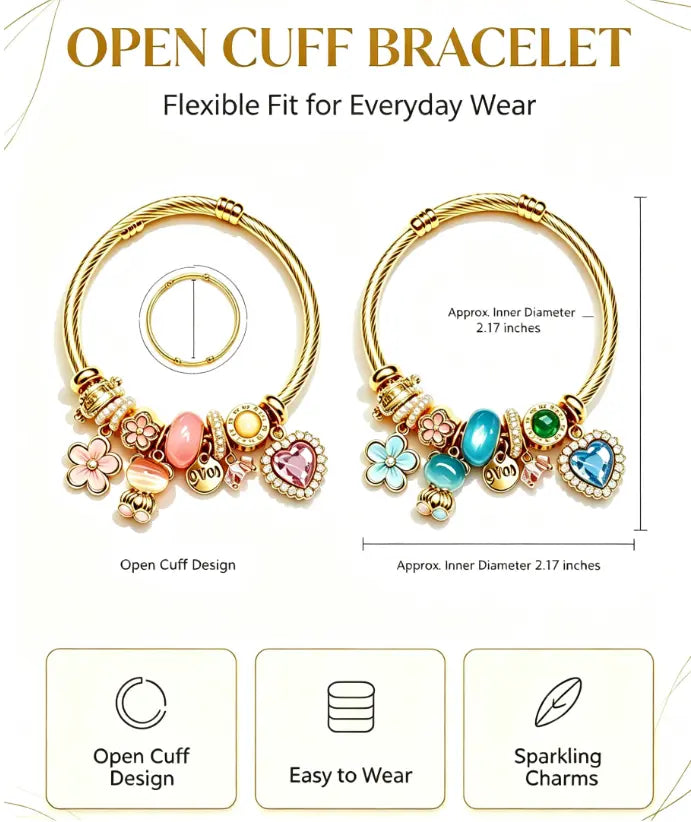 Adjustable Open Cuff Charm Bracelet for Women, 2 Styles Pink & Sky Blue Enamel Bead Bangle with Rhinestone Heart Charms, Gold Twisted Wire Flexible Bracelets Jewelry Gift for Daily Wear