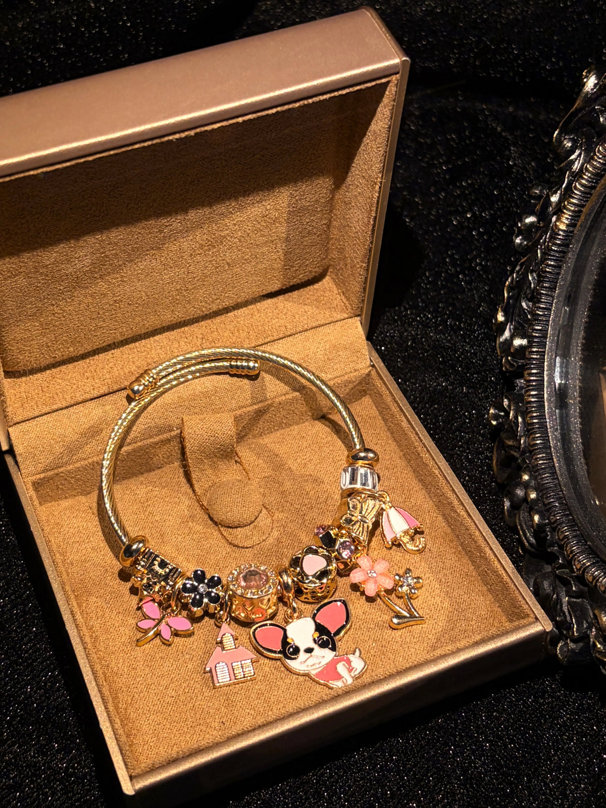 Cute Chihuahua Themed Open Cuff Bangle - Multi-Charm, House & Flower Accented, Skirt Beaded, Stackable Fashion Jewelry Gift for Pet Lovers