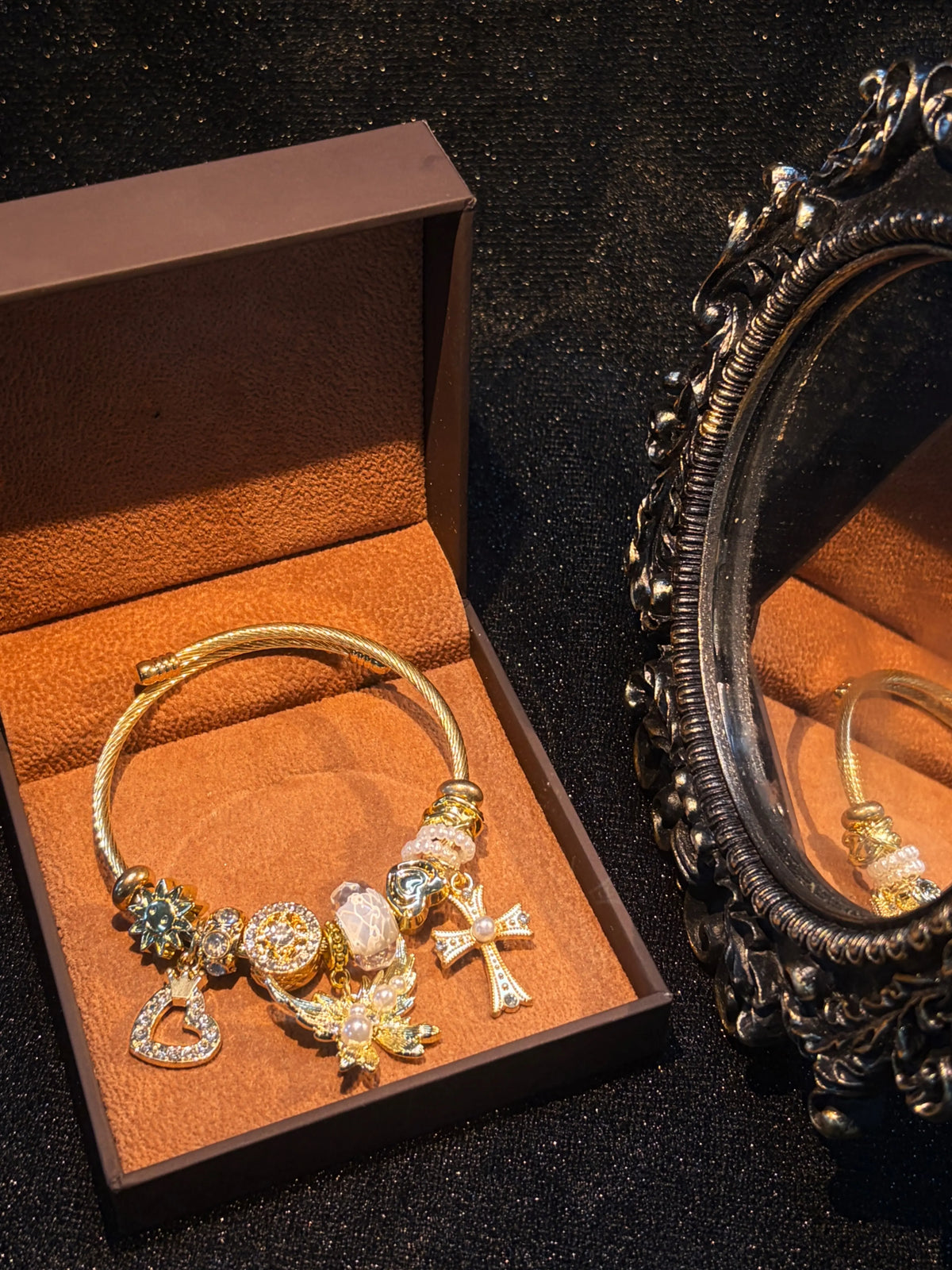 Women’s open cuff bracelet with wing cross design, pearls and crystals, vintage gift jewelry