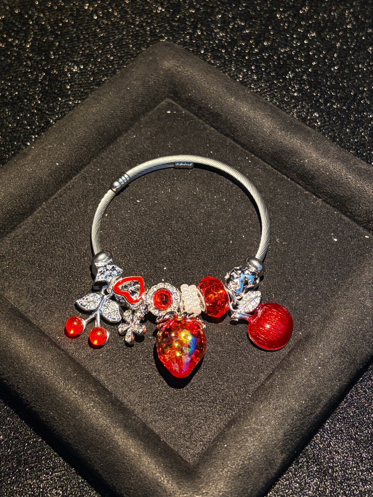 Women's Silver-Tone Adjustable Open Cuff Wire Bracelet with Strawberry Cherry Red Fruit Heart Charms, Fashion Costume Jewelry for Daily Wear and Gifting