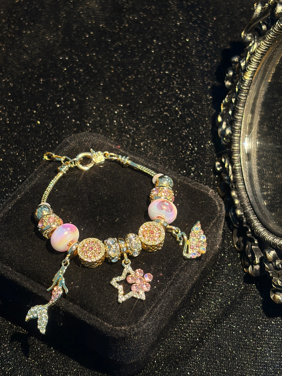 Women Gold‑Tone Mermaid Charm Bracelet, Pink Rhinestone Star Butterfly Dangle Charms, Colorful Murano‑Style Beads Snake Chain Bracelet, Fairytale Hand Jewelry Gift For Women Girls Daily Party Dating Wear