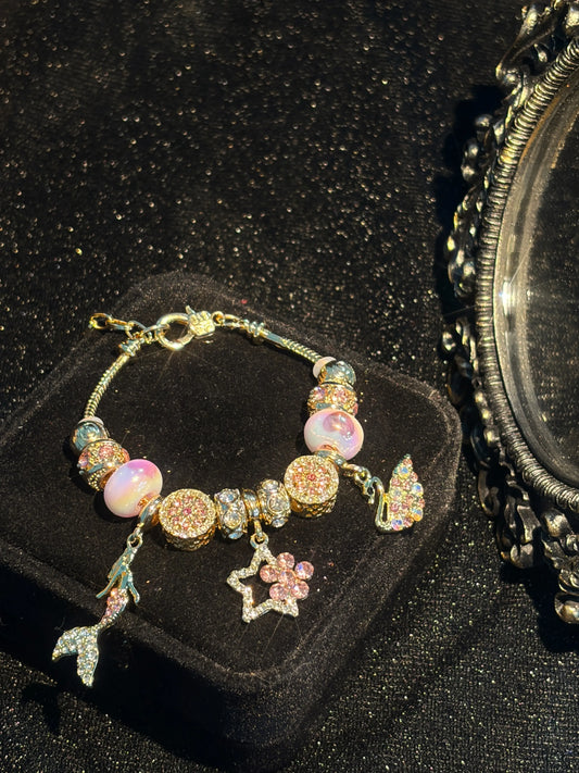 Women Gold‑Tone Mermaid Charm Bracelet, Pink Rhinestone Star Butterfly Dangle Charms, Colorful Murano‑Style Beads Snake Chain Bracelet, Fairytale Hand Jewelry Gift For Women Girls Daily Party Dating Wear