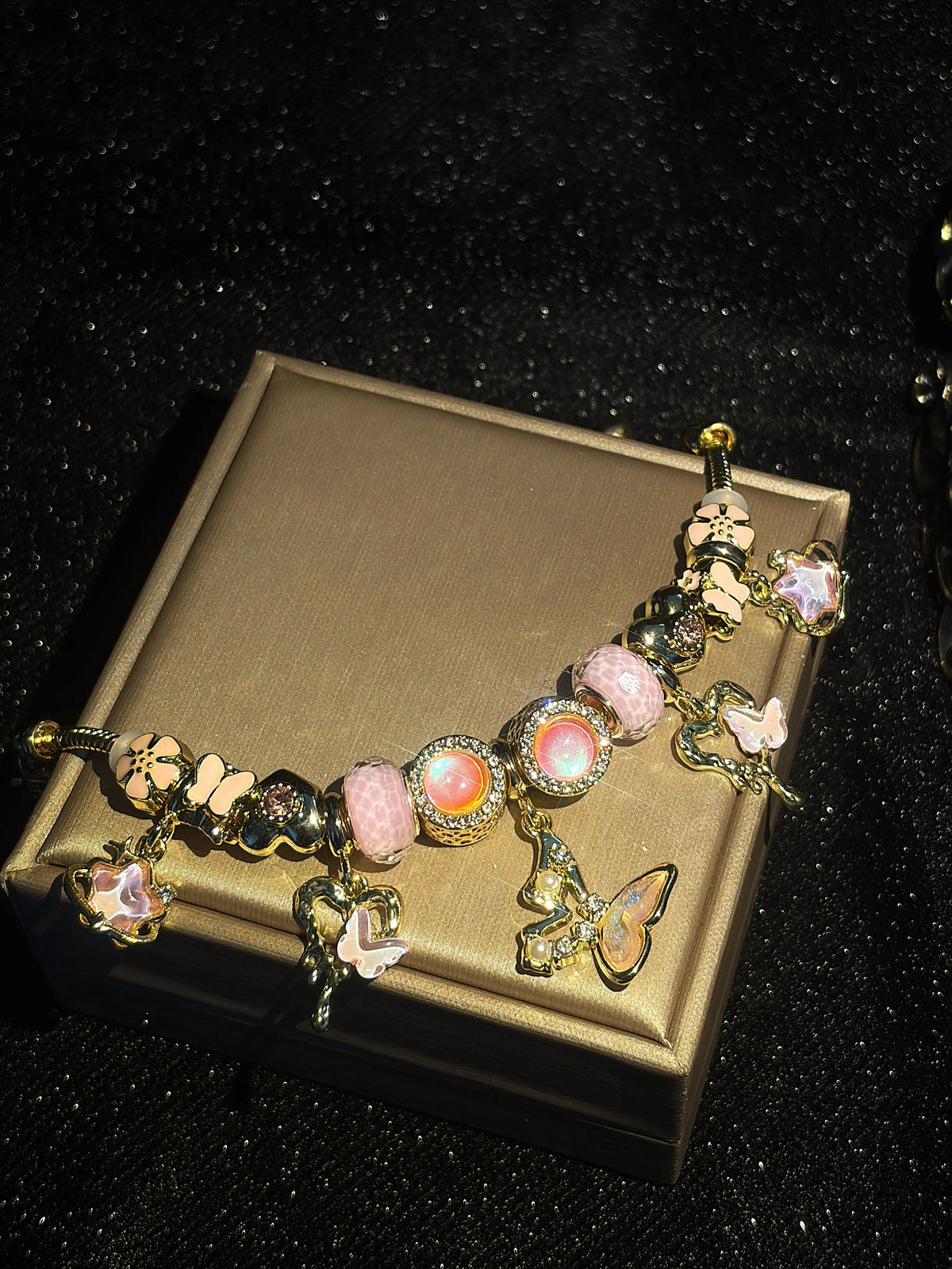 Gold Tone Snake Chain Charm Bracelet - Rhinestone-Inlaid Heart, Butterfly, Star, Flower Dangle Charms - Fashion Multi-Element Beaded Jewelry Gift for Women