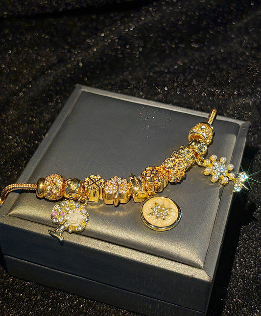 Gold Plated Charm Bracelet for Women, Vintage Octagram Medallion Dangle Bracelet, Crystal Rhinestone Bead Adjustable Snake Chain Bracelet, Statement Jewelry Gift for Her