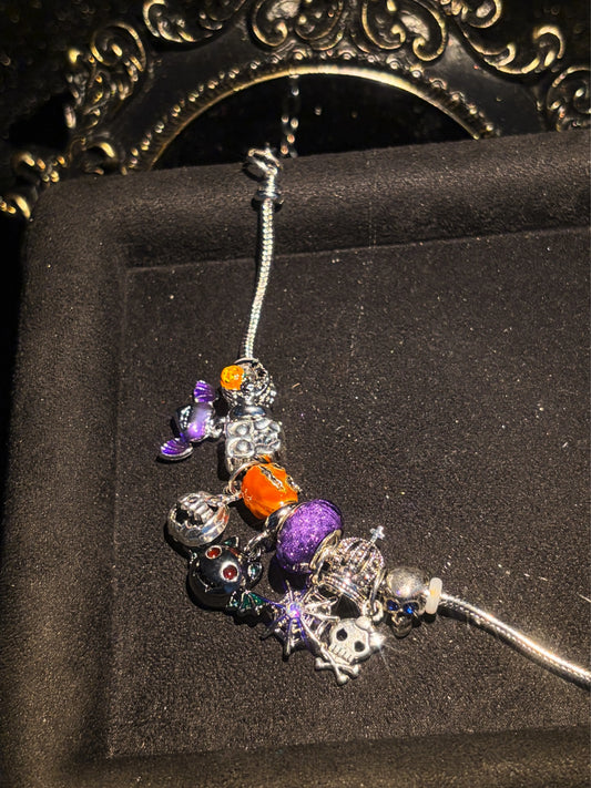 Silver Stackable Enamel Snake Chain Bracelet with Halloween Multi-Charm Decor - Pumpkin, Spider Web, Bat, Skull - Fashion Costume Jewelry Gift for Holiday